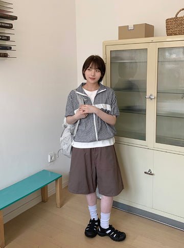 Altus Seersucker Frill Check Short Sleeve Zip-Up Jumper